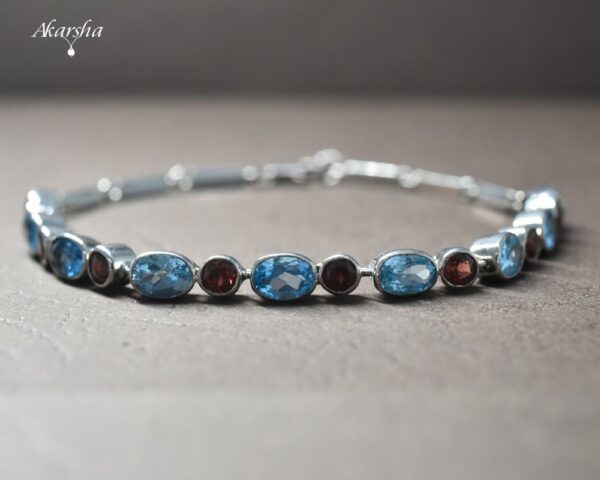 Blue Topaz & Garnet Silver Bracelet